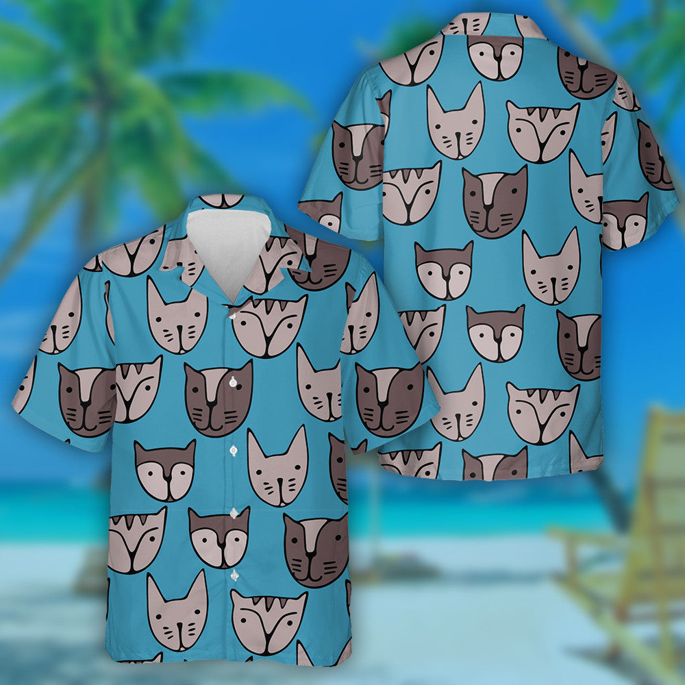 Cute Cats Faces Cartoon On Blue Hawaiian Shirt,Hawaiian Shirt Gift, Christmas Gift