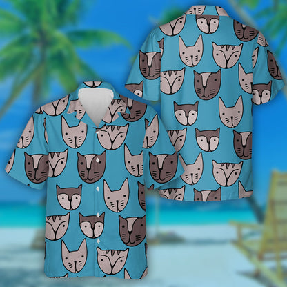 Cute Cats Faces Cartoon On Blue Hawaiian Shirt,Hawaiian Shirt Gift, Christmas Gift