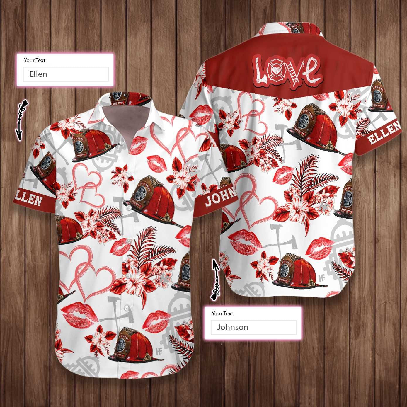 Love Firefighter Valentine Custom Name Hawaiian Shirt, Hawaiian For Gift