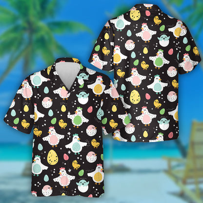 Funny Hens Eggs And Chickens On Black Background Hawaiian Shirt, Hawaiian Shirt Gift, Christmas Gift