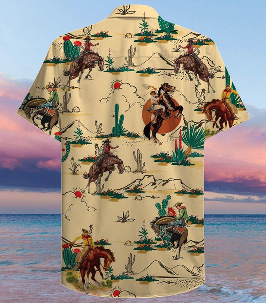 Vintage Cowboy Hand Drawn On Beige Background Hawaiian Shirt, Hawaiian Shirt Gift, Christmas Gift