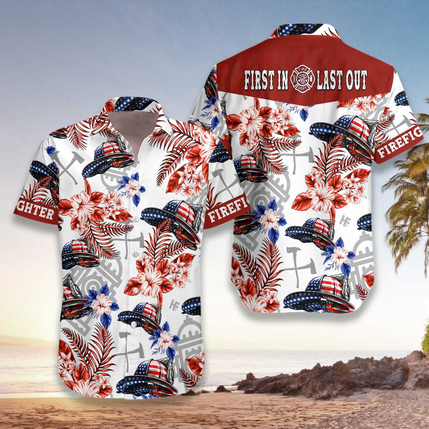 American Flag Helmet Firefighter Seamless Pattern Design Hawaiian Shirt, Hawaiian Shirt Gift, Christmas Gift