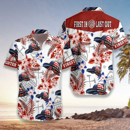 American Flag Helmet Firefighter Seamless Pattern Design Hawaiian Shirt, Hawaiian Shirt Gift, Christmas Gift