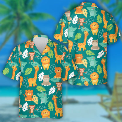 Green Tropical Jungle With Giraffe Animals Smiling Face Hawaiian Shirt, Hawaiian Shirt Gift, Christmas Gift