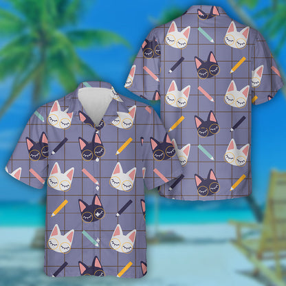 Cute Studying Cats And Pencils On Checkered Hawaiian Shirt, Hawaiian Shirt Gift, Christmas Gift
