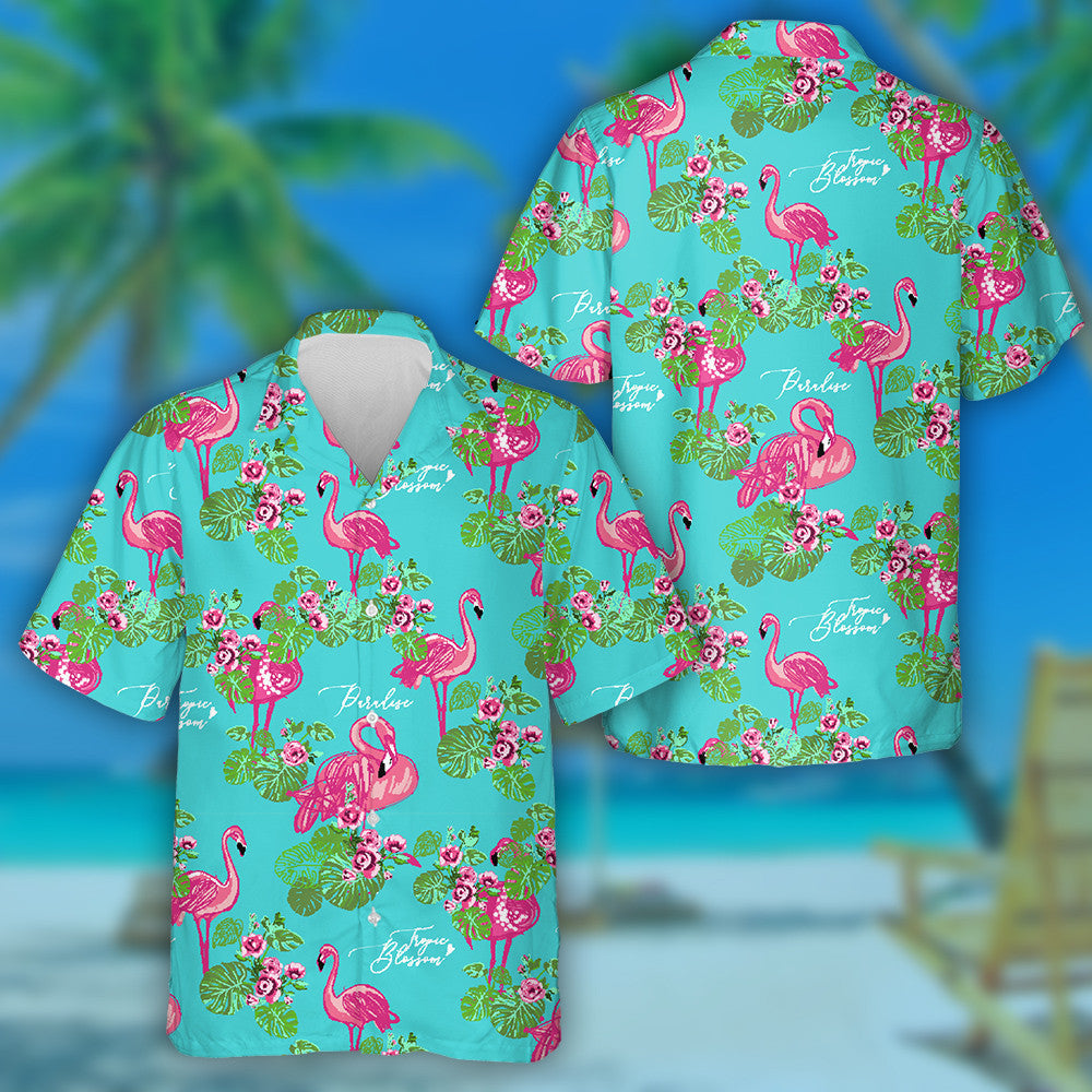 Fashionable Tropic Flamingo Palm Foliage And Flowers Hawaiian Shirt, Hawaiian Shirt Gift, Christmas Gift