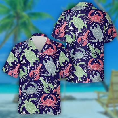Colourful With Turtles Crabs And Lobsters Hawaiian Shirt,Hawaiian Shirt Gift, Christmas Gift