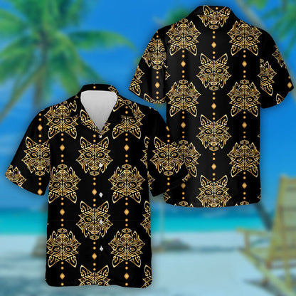 Golden Wolf Head Stylized Maori Face Tattoo Hawaiian Shirt, Hawaiian Shirt Gift, Christmas Gift