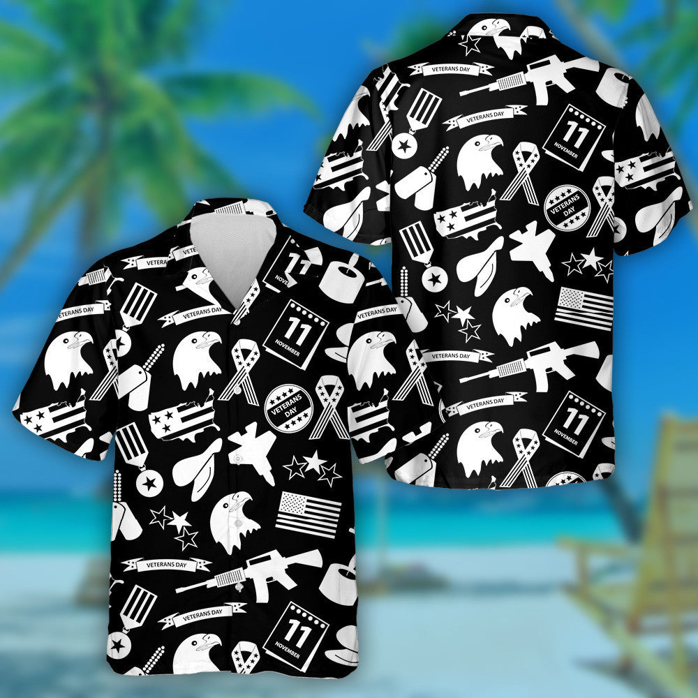 American Veterans Day Celebration Symbols In Black And White Hawaiian Shirt, Hawaiian Shirt Gift, Christmas Gift