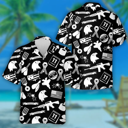 American Veterans Day Celebration Symbols In Black And White Hawaiian Shirt, Hawaiian Shirt Gift, Christmas Gift