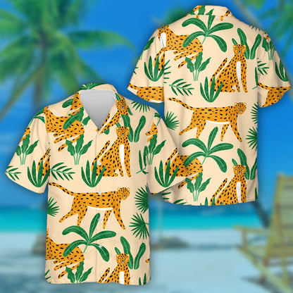 Hand Drawn Leopard With Tropical Plant Hawaiian Shirt, Hawaiian For Gift