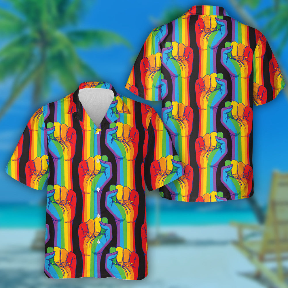 Rainbow Striped Hand Showing Fist Raised Gay Pattern Hawaiian Shirt, Hawaiian Shirt Gift, Christmas Gift