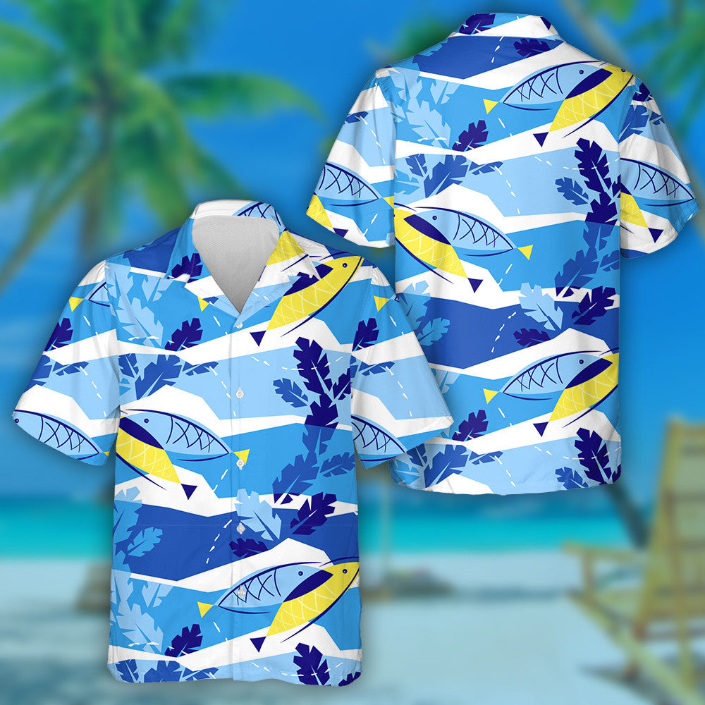 Blue And White Waves Background With Fish And Seaweed Hawaiian Shirt, Hawaiian Shirt Gift, Christmas Gift