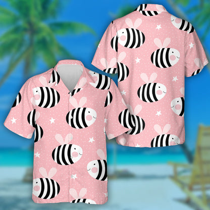 Black White Cute Bee And Star On Pink Hawaiian Shirt, Hawaiian Shirt Gift, Christmas Gift
