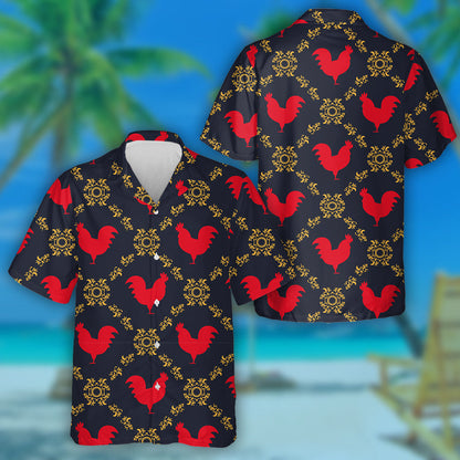 Red Chicken Rooster Texture With Gold Floral Ornament Hawaiian Shirt, Hawaiian Shirt Gift, Christmas Gift