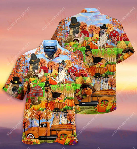 Happy Thanksgiving German Shepherd Unisex Short Sleeve Shirt Ocean Hawaiian T Shirts Vintage Hawaiian Shirts Hawaiian Shirt Pattern, Hawaiian Shirt Gift, Christmas Gift