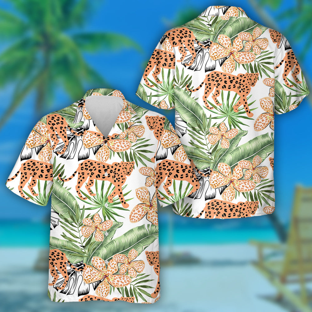 Orange Leopard Animals And Green Banana Palm Leaves Hawaiian Shirt, Hawaiian Shirt Gift, Christmas Gift
