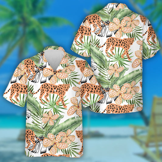 Orange Leopard Animals And Green Banana Palm Leaves Hawaiian Shirt, Hawaiian Shirt Gift, Christmas Gift