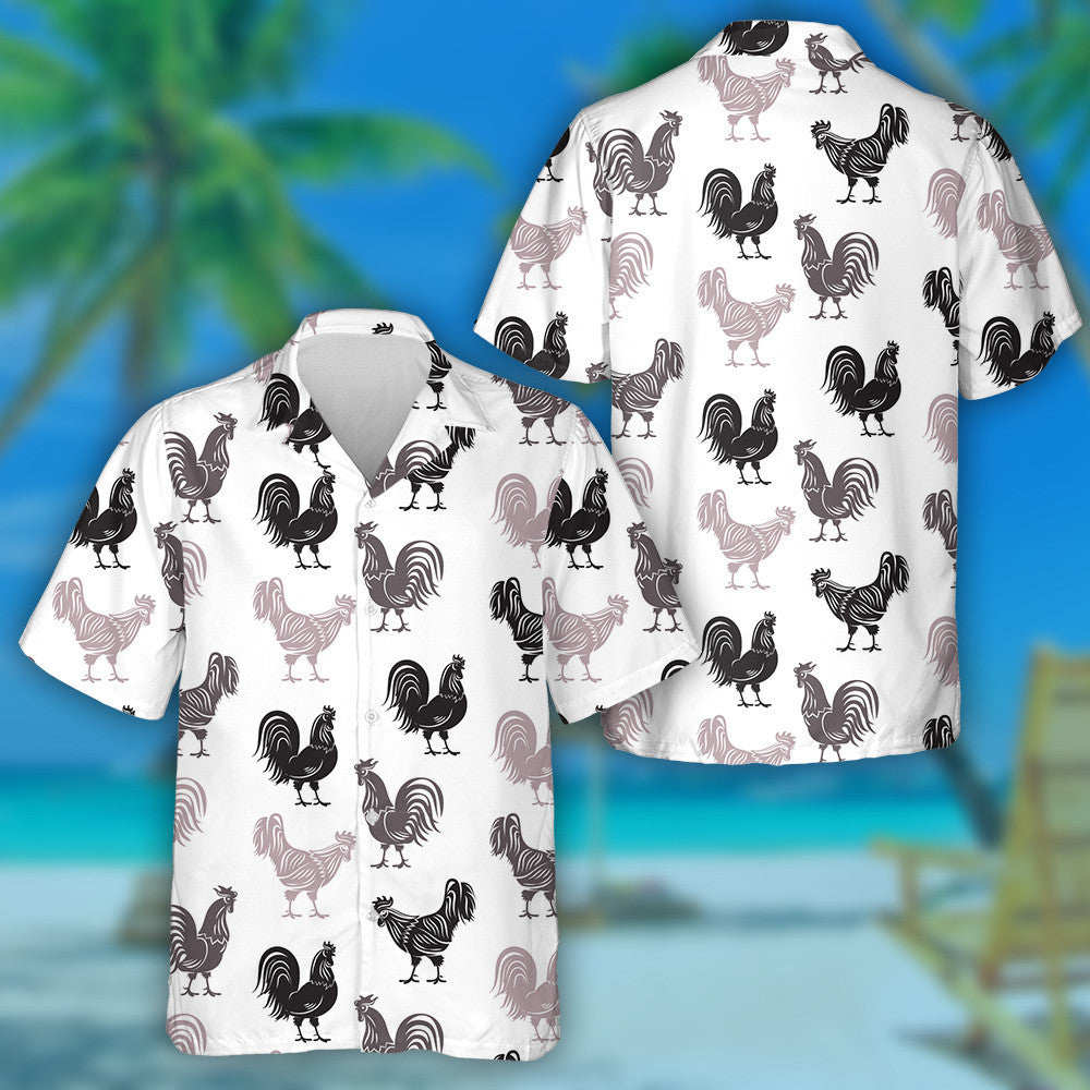 Chickens Farm Cockerel Monochrome On White Background Hawaiian Shirt, Hawaiian Shirt Gift, Christmas Gift