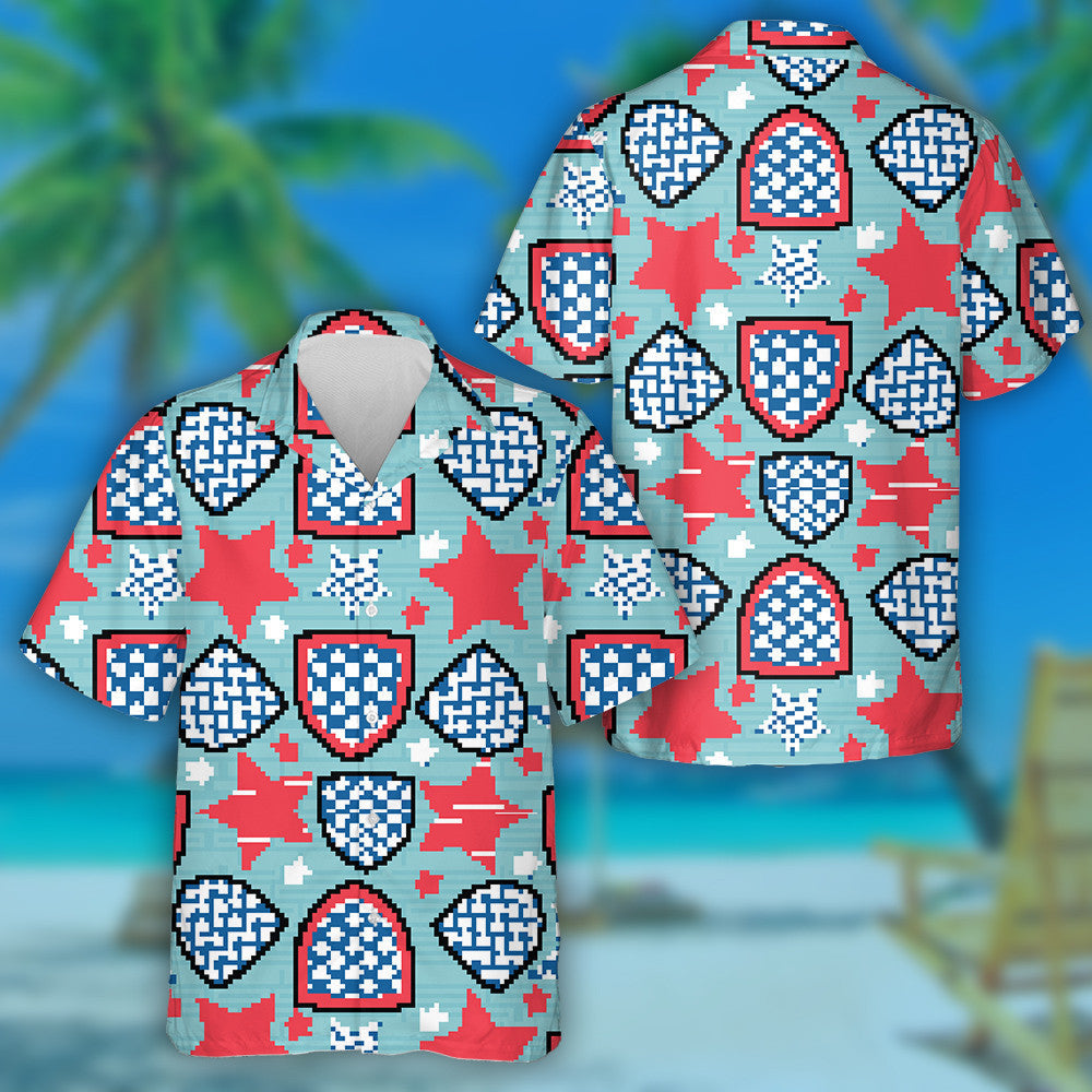Stripes And Stars Pattern On Embroidery Shields And Stars Hawaiian Shirt, Hawaiian Shirt Gift, Christmas Gift