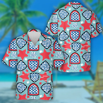 Stripes And Stars Pattern On Embroidery Shields And Stars Hawaiian Shirt, Hawaiian Shirt Gift, Christmas Gift