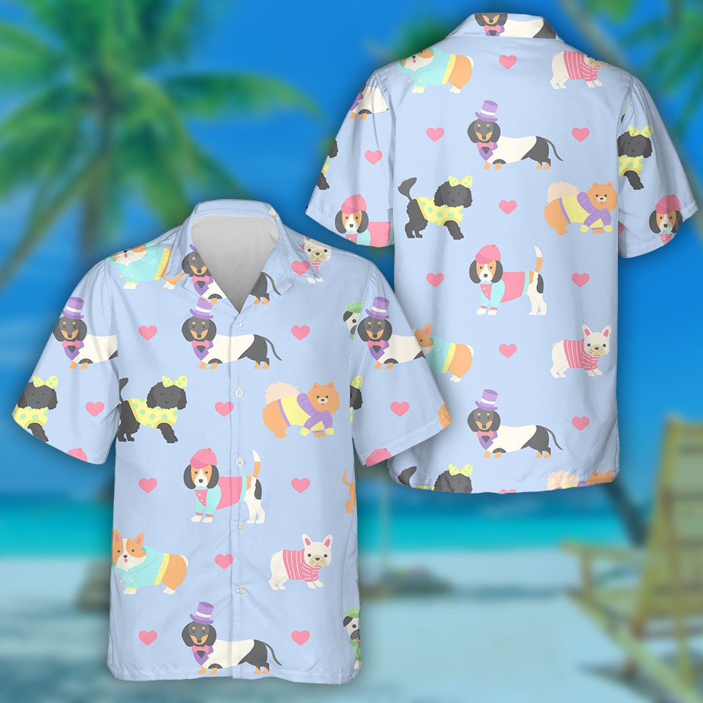 Cute Dogs Wearing Clothes On Blue Hawaiian Shirt,Hawaiian Shirt Gift, Christmas Gift