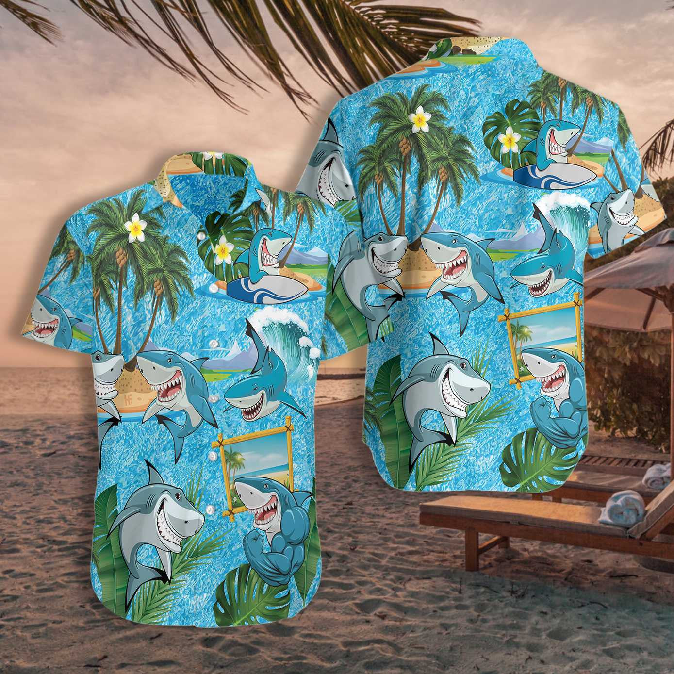 Excellent Sharks On The Beach Hawaiian Shirt,Hawaiian Shirt Gift, Christmas Gift