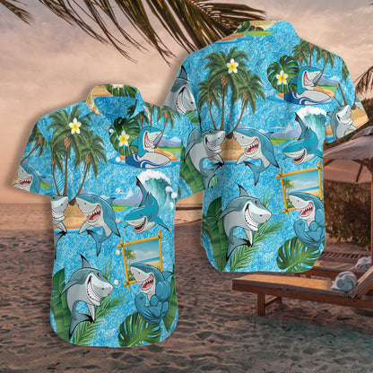 Excellent Sharks On The Beach Hawaiian Shirt,Hawaiian Shirt Gift, Christmas Gift