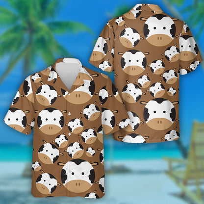 Hand Draw Cartoon Face Of Cows On Brown Hawaiian Shirt, Hawaiian Shirt Gift, Christmas Gift