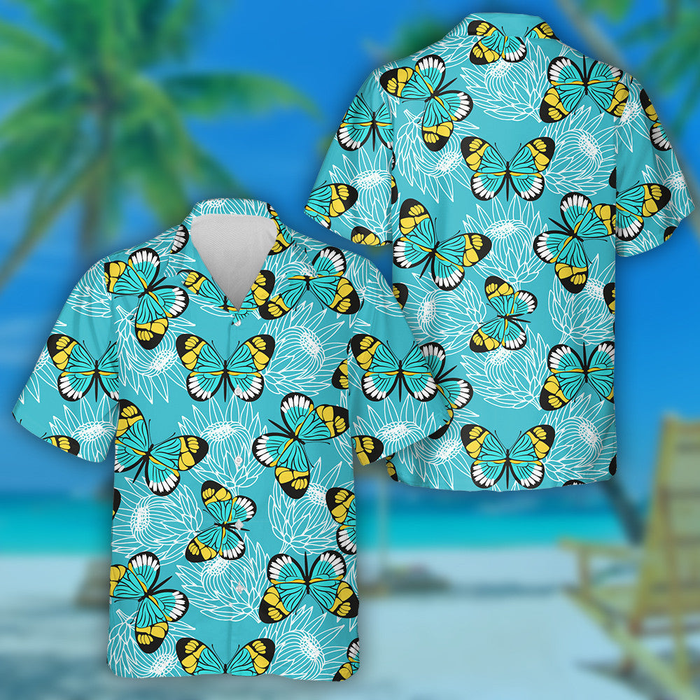 Hand Drawn Butterflies And Protea Flowers Hawaiian Shirt, Hawaiian For Gift