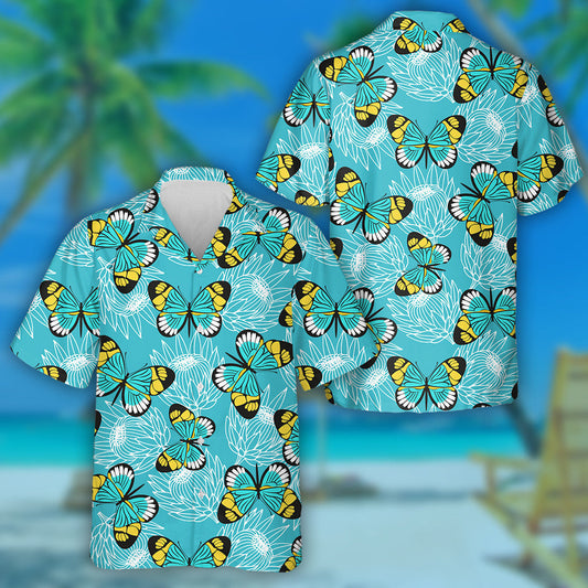 Hand Drawn Butterflies And Protea Flowers Hawaiian Shirt, Hawaiian For Gift