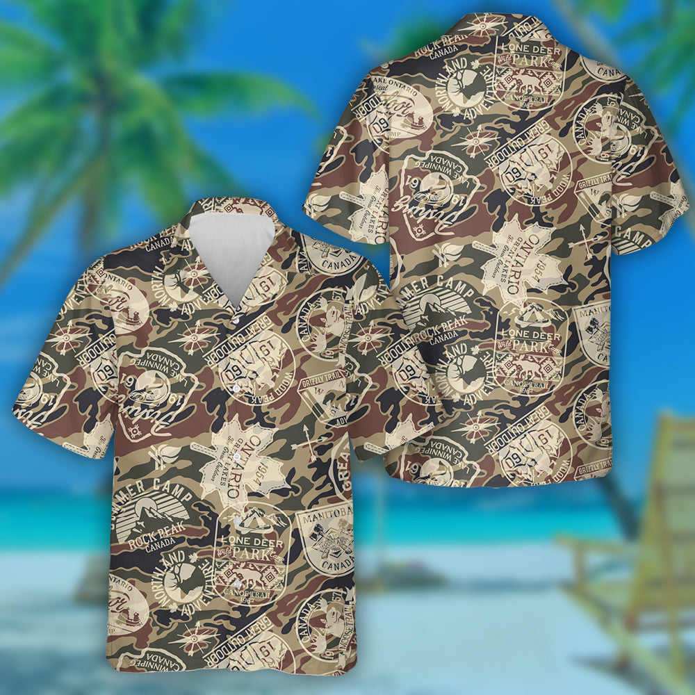 Retro Canada Stickers Camouflage Background Pattern Hawaiian Shirt,Hawaiian Shirt Gift, Christmas Gift