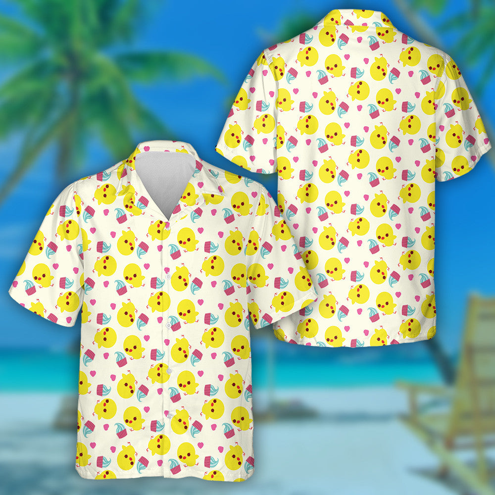 Little Cute Yellow Chicken With Cake And Heart Hawaiian Shirt, Hawaiian Shirt Gift, Christmas Gift