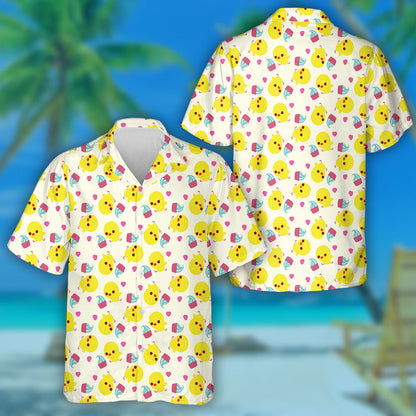 Little Cute Yellow Chicken With Cake And Heart Hawaiian Shirt, Hawaiian Shirt Gift, Christmas Gift