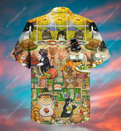 Happy Thanksgiving With Cats Short Hawaiian Shirt Ocean Short Sleeve Best Hawaiian Shirts Hawaiian Shirts For Men, Hawaiian Shirt Gift, Christmas Gift