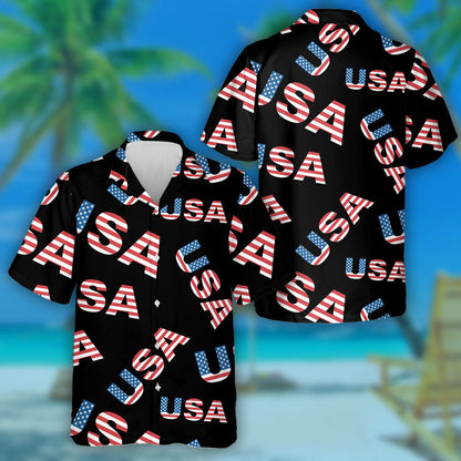 USA Letter Made By Flag Black Background Pattern Hawaiian Shirt, Hawaiian Shirt Gift, Christmas Gift