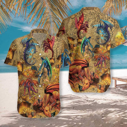 Golden Dragons With Treasure Background Hawaiian Shirt,Hawaiian Shirt Gift, Christmas Gift