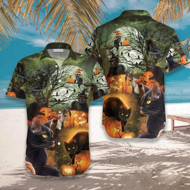 Black Cat & The Pumpkin Halloween Hawaiian Shirt, Hawaiian Shirt Gift, Christmas Gift
