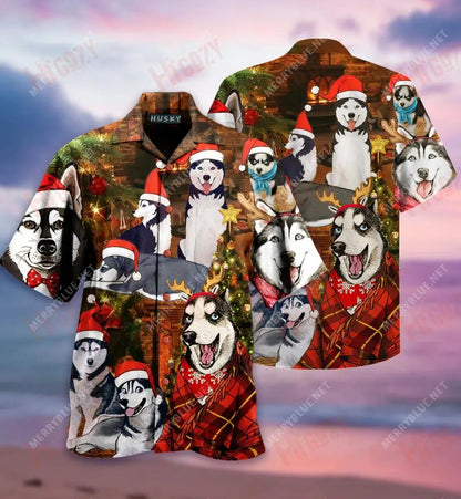Christmas With Husky Short Hawaiian Shirt Vacation Tropical Shirts Vintage Hawaiian Shirts Crazy Shirts Hawaii_Hawaiian Shirt Gift, Christmas Gift