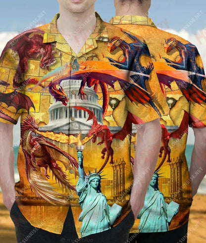 Conquer The World With Your Dragons America Unisex Hawaiian Shirt Vacation Short Sleeve Tactical Hawaiian Shirt Hawaiian Shirt Pattern, Hawaiian Shirt Gift, Christmas Gift