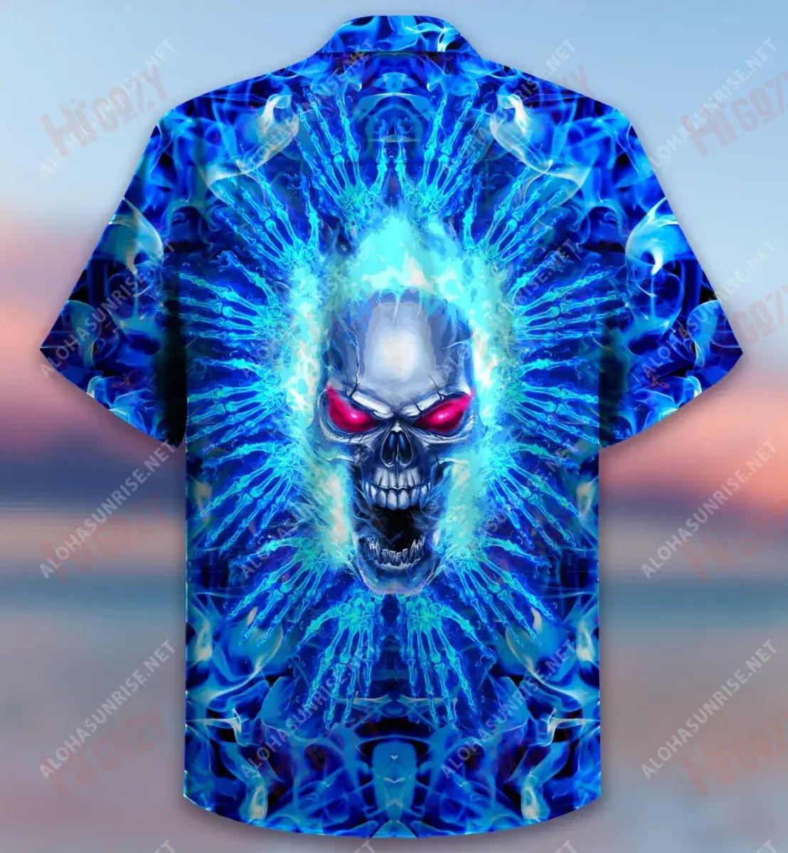 Blue Firing Skull Short Sleeve Shirt Summer Hawaiian T Shirts Best Hawaiian Shirts Hawaiian Shirt Pattern, Hawaiian Shirt Gift, Christmas Gift