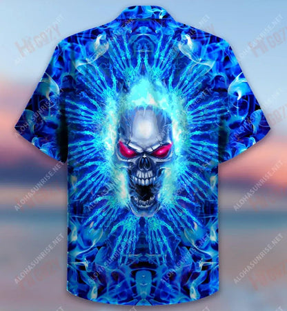 Blue Firing Skull Short Sleeve Shirt Summer Hawaiian T Shirts Best Hawaiian Shirts Hawaiian Shirt Pattern, Hawaiian Shirt Gift, Christmas Gift
