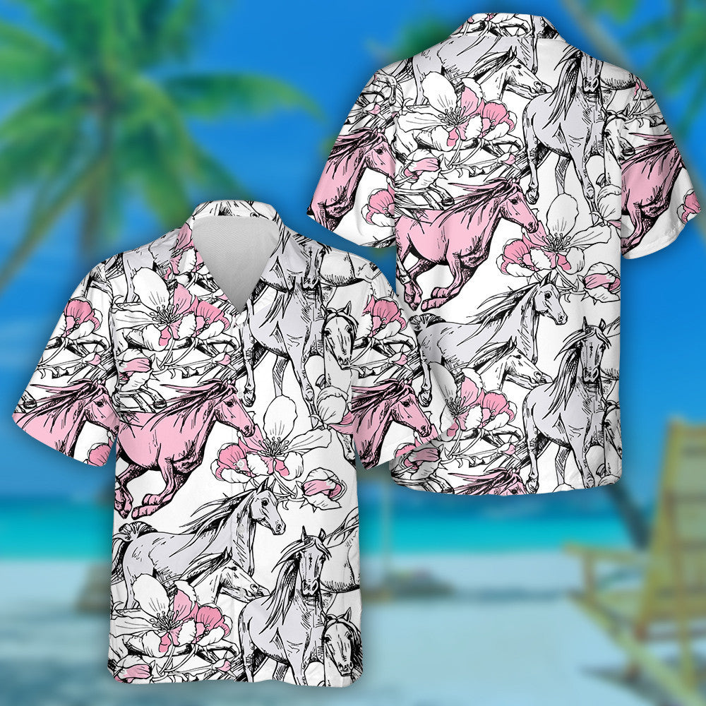 The Running Beautiful Horses And Pink Cherry Flowers Hawaiian Shirt, Hawaiian Shirt Gift, Christmas Gift
