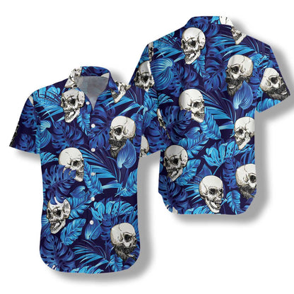 Sweet Blue Tropical Floral Summer And Skull Hawaiian Shirt, Hawaiian Shirt Gift, Christmas Gift