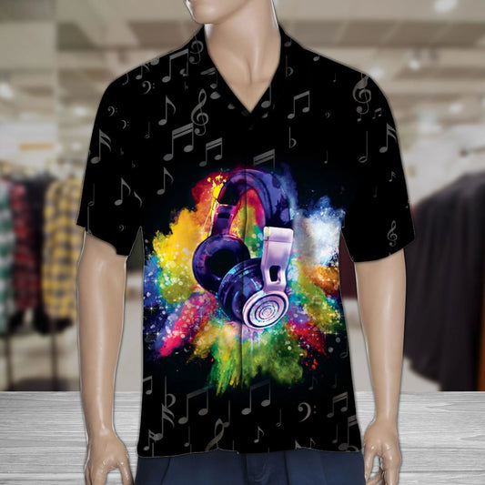 Hawaiian Shirt Graphic Headphone With Gray Musical Notes In Black, Hawaiian Shirt Gift, Christmas Gift