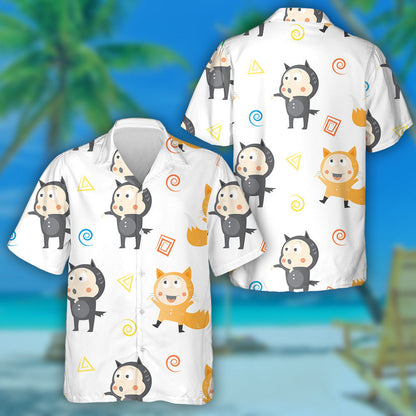 Cartoon Children In Suits Little Foxes And Wolves Hawaiian Shirt, Hawaiian Shirt Gift, Christmas Gift