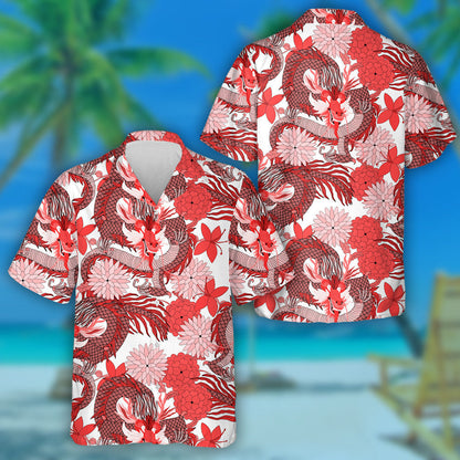 Fantasy Chinese Dragon Fan And Flowers Hawaiian Shirt,Hawaiian Shirt Gift, Christmas Gift