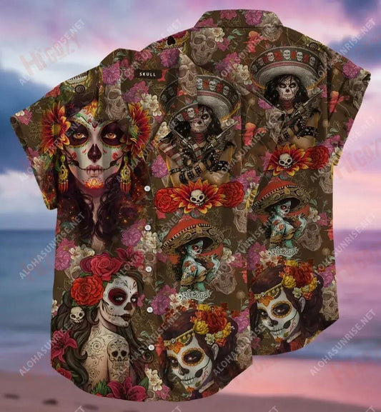 Day Of The Dead Sugar Skull Short Hawaiian Shirt Summer Short Sleeve Tactical Hawaiian Shirt Hawaiian Shirt Pattern, Hawaiian Shirt Gift, Christmas Gift