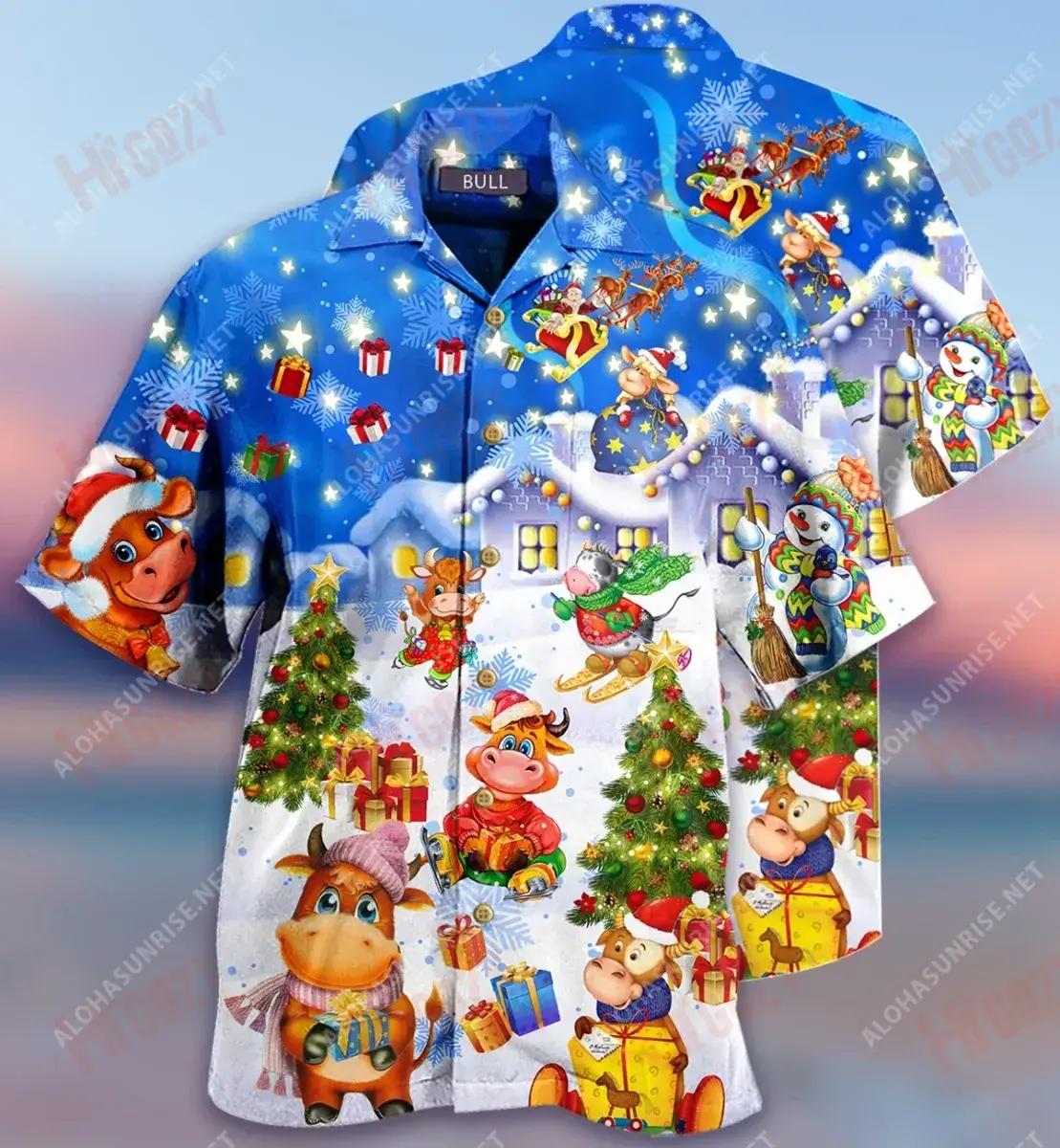 Happy Bulls Merry Christmas Short Short Sleeve Shirt Summer Hawaiian T Shirts Tactical Hawaiian Shirt Hawaiian Shirts For Men, Hawaiian Shirt Gift, Christmas Gift