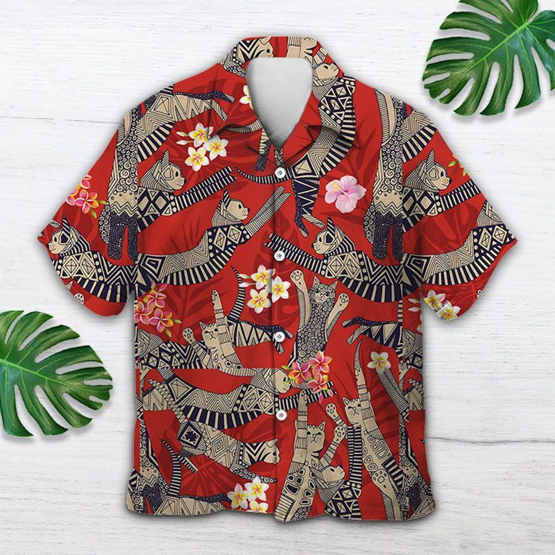 Retro Cat Party Red Background Cartoon Pattern Hawaiian Shirt, Hawaiian Shirt Gift, Christmas Gift